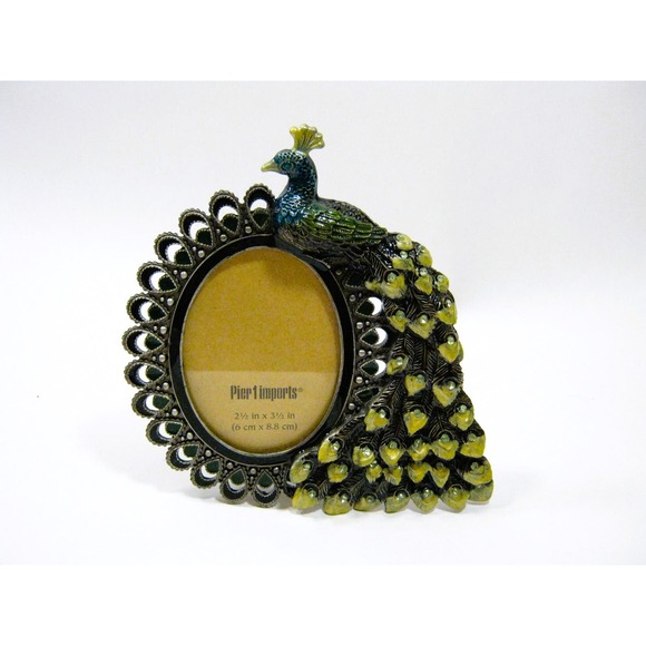 Pier 1 Other - Pier 1 Enameled Metal Rhinestone Peacock Photo Frame Picture Holder 2.5x3.5